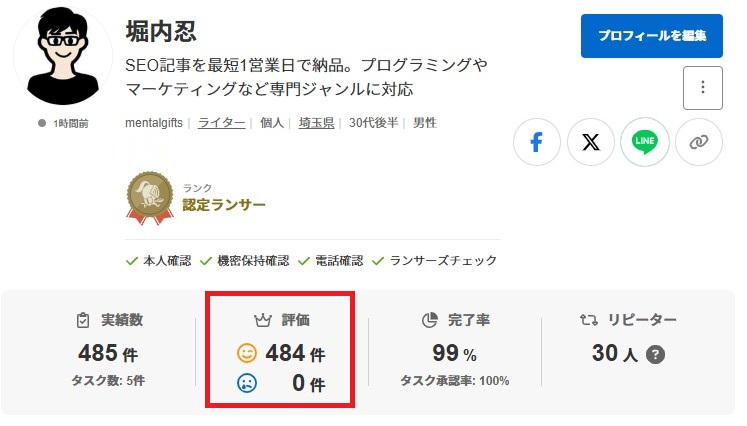 ランサーズでの評価実績キャプチャ画像